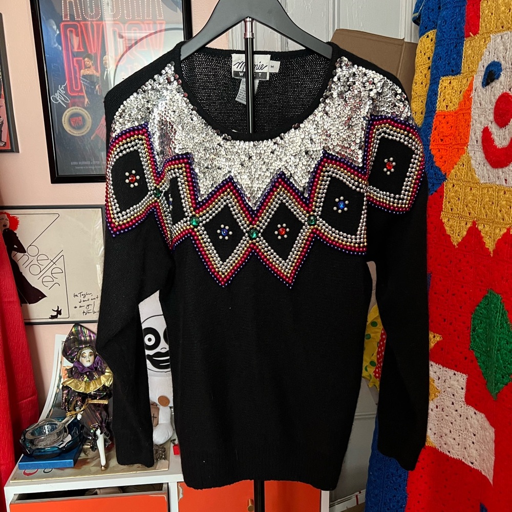Deadstock 80s Marnie West Harlequin Beaded and sequin sweater - silk/ angora - M